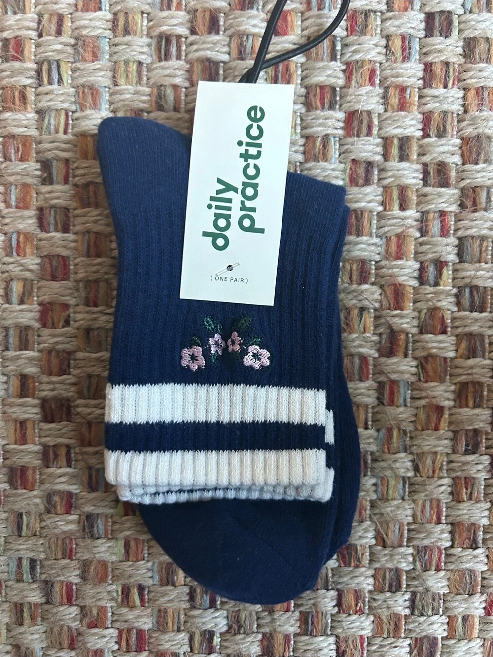 Anthropologie Navy Crew Socks with Pink Floral Embroidery